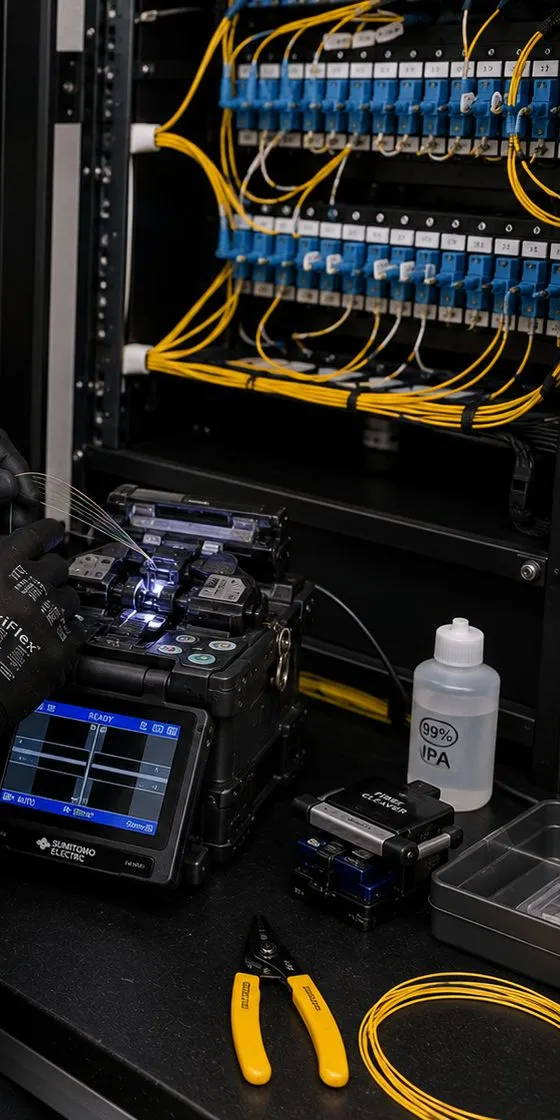 Splicing below a fiber panel — Hudson Square, Manhattan Fusion splicer on a work surface under a wall of yellow fiber jumpers and blue connectors in a rack, fiber splicing for fiber optic installation in Hudson Square, Manhattan