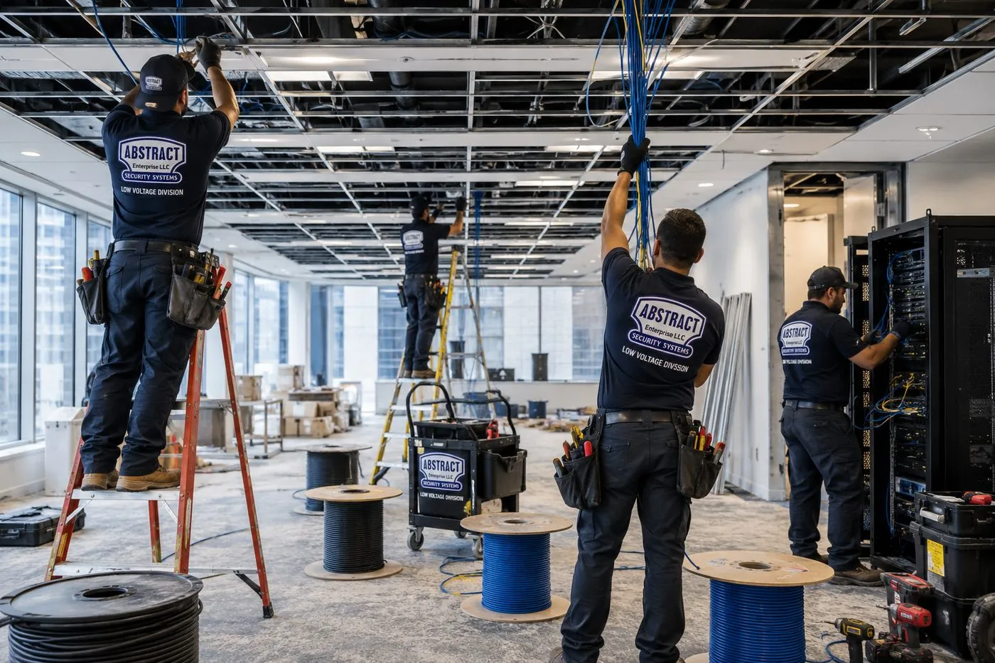 Crew pulling cable from reels in an open ceiling — Hudson Valley fiber optic installation Three installers on ladders pulling cable into an open ceiling from reels in a large Hudson Valley office fit-out