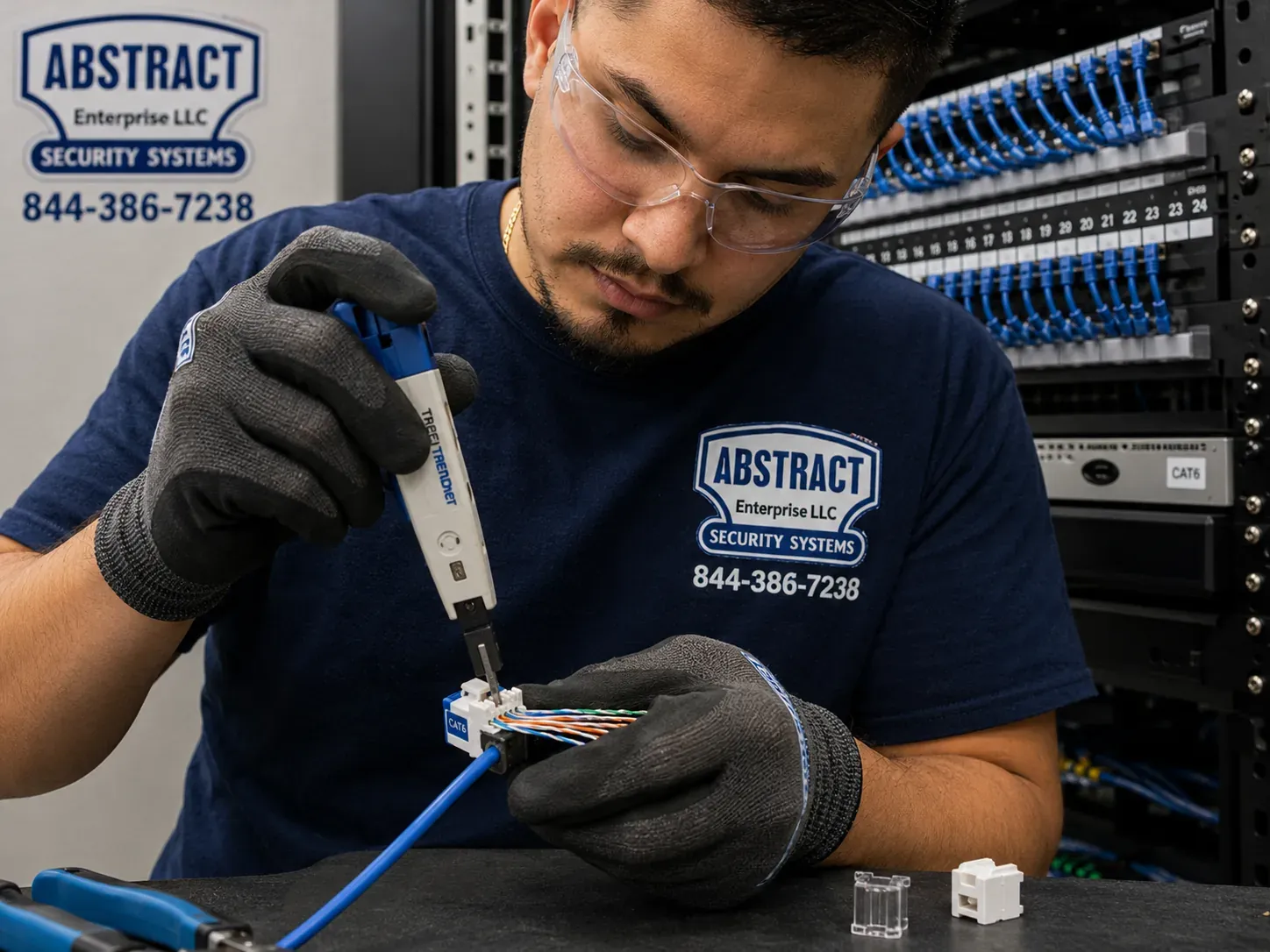 Bench termination in front of the rack — Long Island fiber optic installation Technician terminating a keystone jack at a bench in front of a patched rack during a Long Island fiber optic and cabling installation