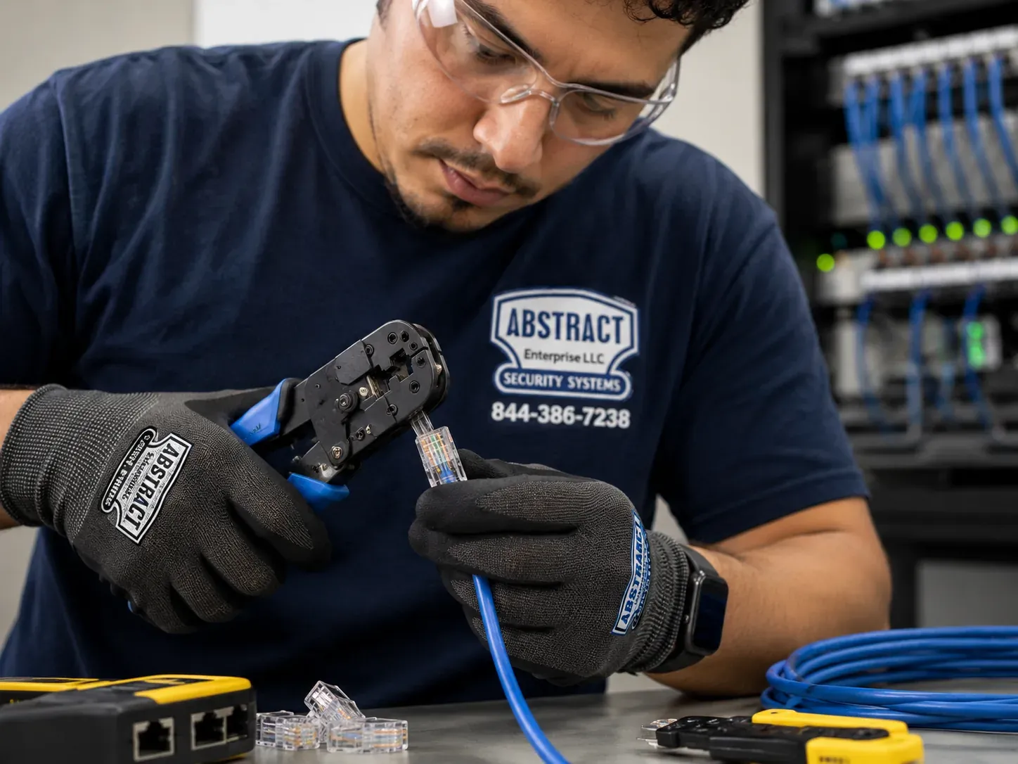 Making up patch cords at the bench — Long Island fiber closeout Technician crimping a connector onto a patch cord at a test bench in a Long Island network room after fiber optic installation