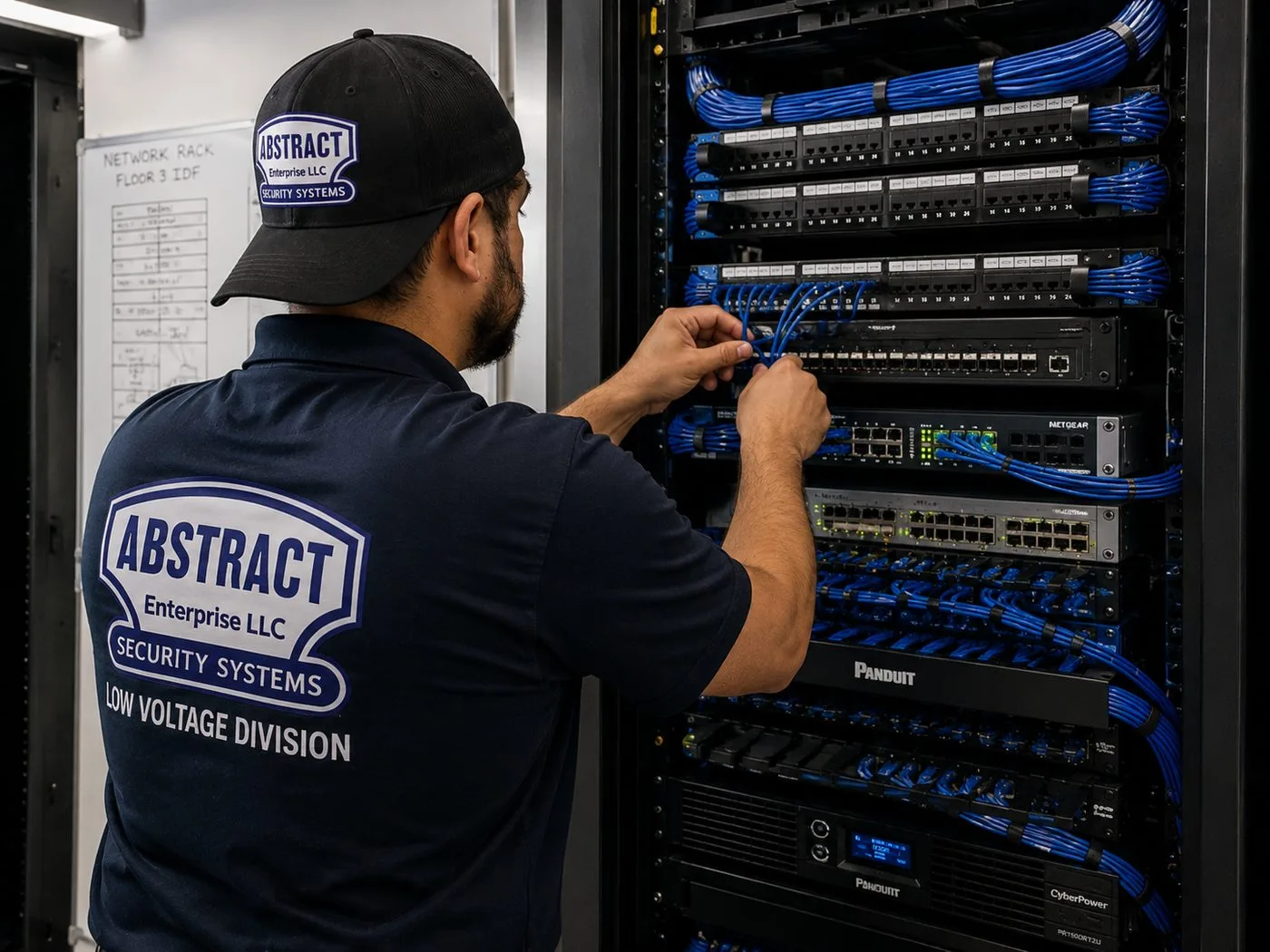 Patching an IDF rack — Manhattan fiber and network room Technician patching connections in an IDF rack of panels and switches in a Manhattan office telecom room