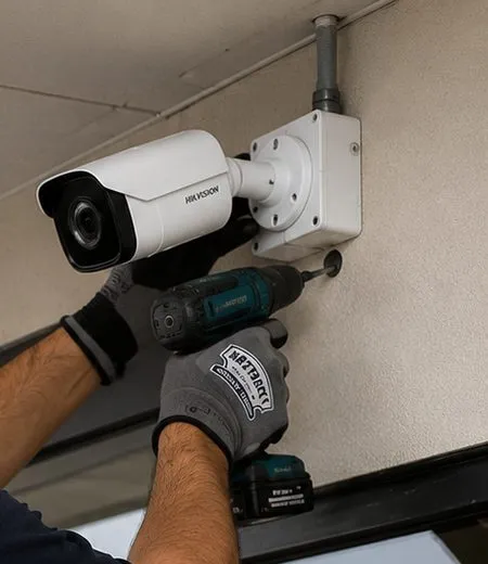 Gloved hands mounting a white bullet camera on a wall junction box under a canopy with a cordless driver, camera link work alongside a fiber optic installation in Maspeth, Queens