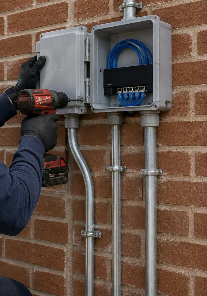Weatherproof enclosures on a brick wall with metal conduits entering from below, one open to show blue patch cords, outdoor work for a fiber optic installation in Maspeth, Queens