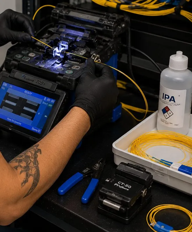 Fusion splicer with its screen lit, IPA bottle, fiber cleaver and yellow fiber coils on a workbench during a fiber optic installation in Maspeth, Queens
