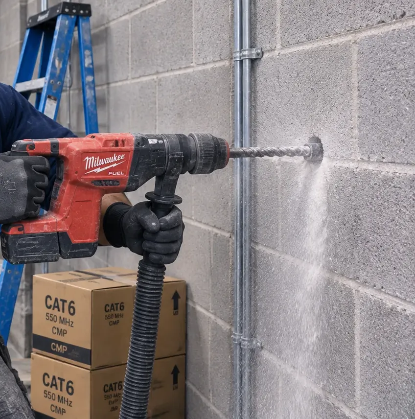 Rotary hammer drilling a hole through a concrete block wall next to a metal conduit with a dust-extraction hose, preparing a fiber optic installation pathway in Maspeth, Queens