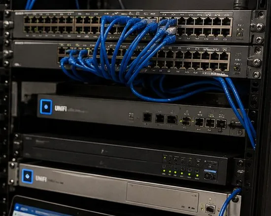 Two rack-mounted switches with blue patch cords above gateway and network equipment in a server rack, the core end of a fiber optic installation in Maspeth, Queens