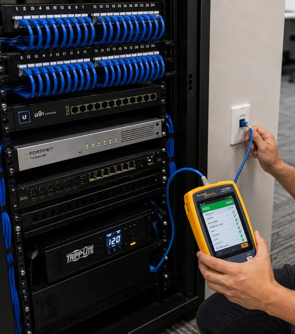 Handheld cable certifier showing a PASS screen beside a network rack with patch panels, firewall and UPS, testing during fiber optic installation in Maspeth, Queens