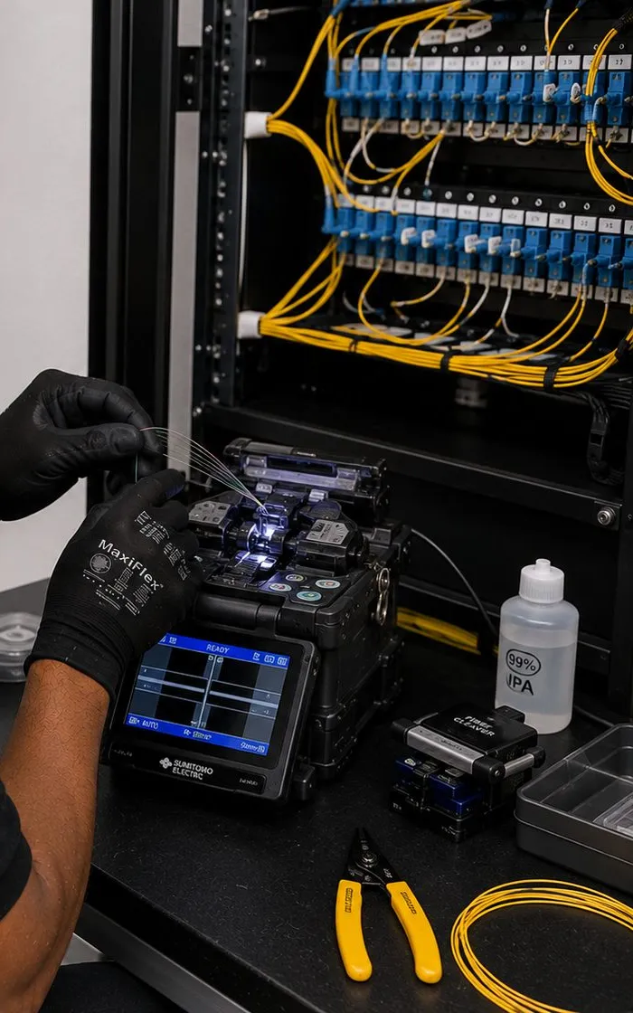 Gloved hands loading fiber into a fusion splicer showing READY beside a rack of blue adapters and yellow jumpers, fiber optic installation in Maspeth, Queens