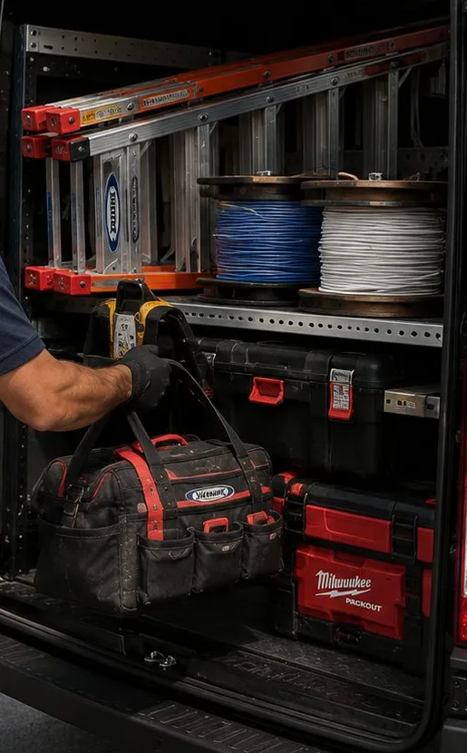Service van interior with orange ladders, blue and white cable reels and tool cases being unloaded for a fiber optic installation in Maspeth, Queens