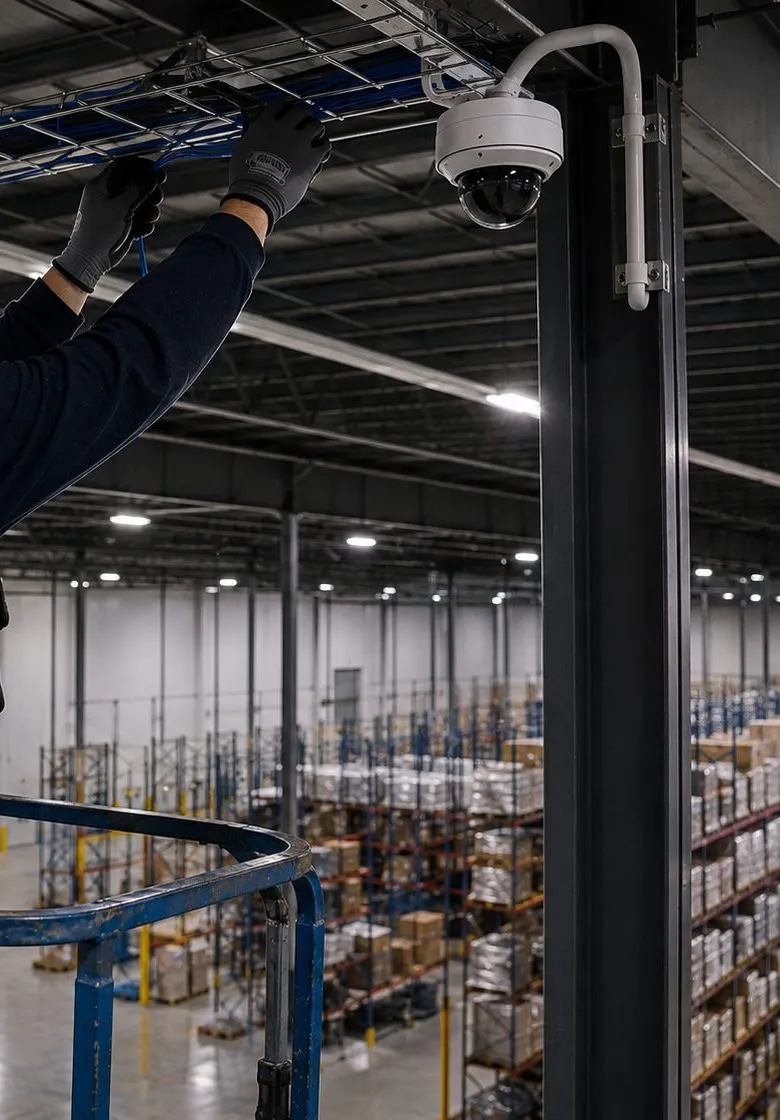 Gloved hands feeding blue cable into an overhead wire-mesh tray beside a dome camera above warehouse racking, cabling for a fiber optic installation in Maspeth, Queens