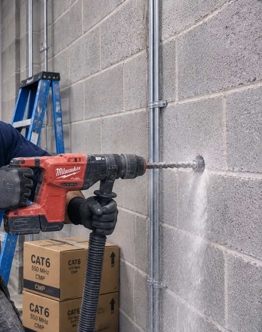 Hammer-drilling a block wall with dust extraction — Midtown Manhattan fiber penetration Cordless hammer drill with a dust-extraction hose boring a block wall beside steel conduit for a Midtown Manhattan fiber pathway