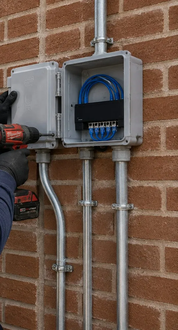 Two grey weatherproof enclosures and steel conduit fixed to a red brick wall, one box open on its cable block, Mott Haven, Bronx
