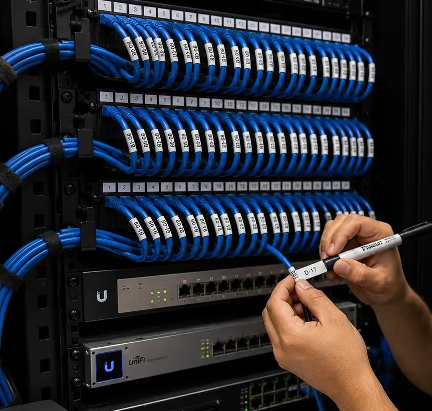 Hands writing a port number on a cable label in front of rows of labelled blue patch cords and switches, Mott Haven, Bronx