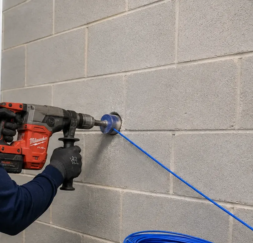A core bit on a rotary hammer cutting into a concrete-block wall with a blue pull line already through the hole, Mott Haven, Bronx