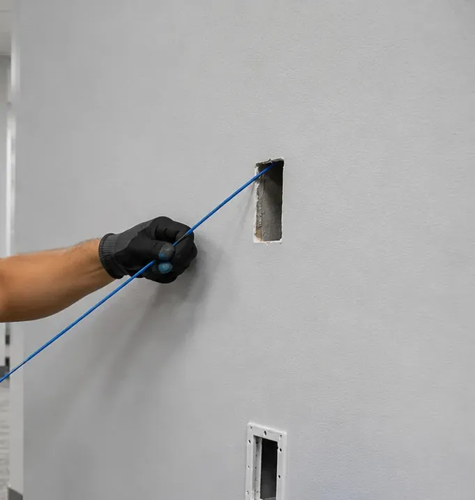 A gloved hand guiding a blue fish line into a cut-out in a painted wall above a second opening and plate, Mott Haven, Bronx