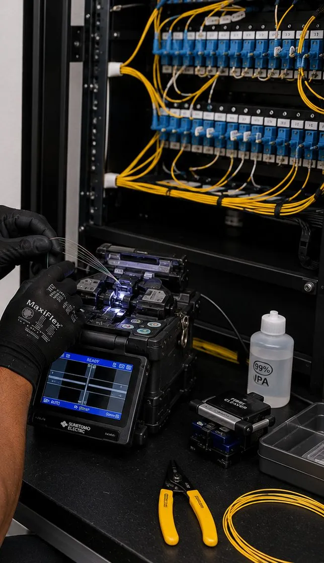 Gloved hands seating a fiber strand in a fusion splicer beside a rack of blue adapter panels and yellow jumpers, Mott Haven, Bronx