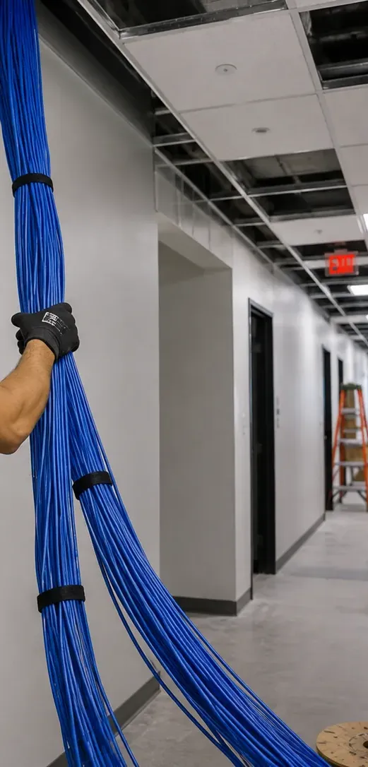 A gloved hand steadying a tall bundle of blue cable rising from the floor into an open ceiling in a corridor, Mott Haven, Bronx
