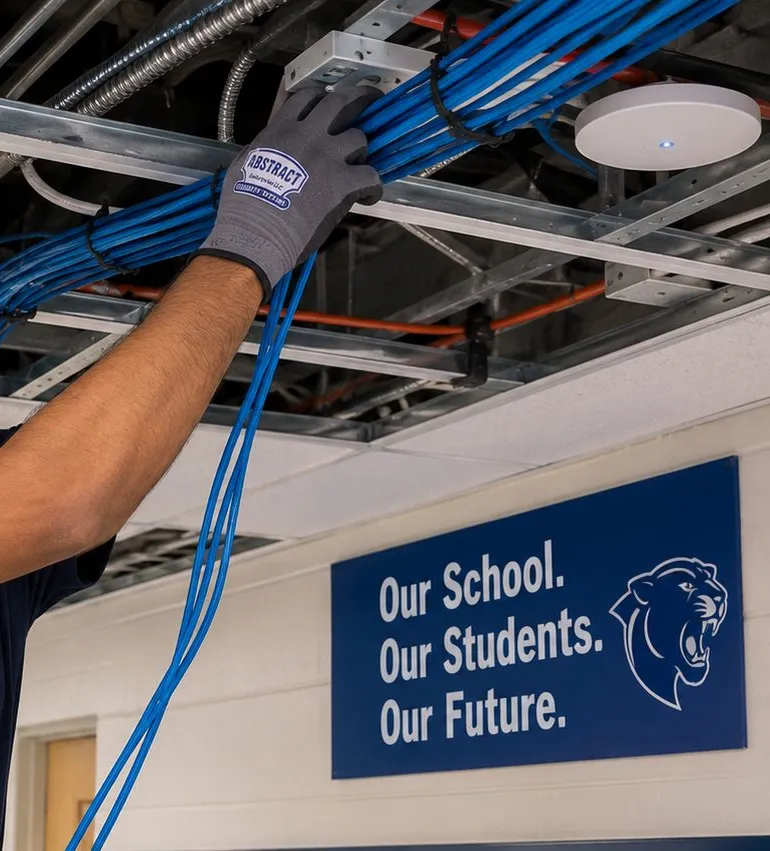 A gloved hand feeding a cable bundle above an open ceiling grid in a school corridor with lockers and a school banner, Mott Haven, Bronx