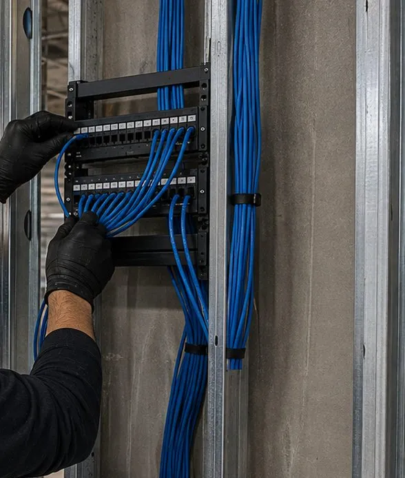 Gloved hands dressing blue cables into a small patch panel mounted between metal studs, Mott Haven, Bronx