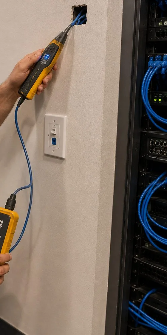 A tone probe held to a cable at a wall opening beside a network rack, with a tone generator on a lead below, Mott Haven, Bronx