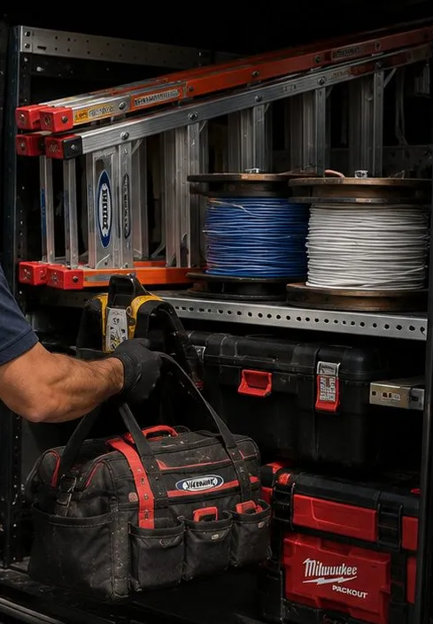 Cable reels, aluminium ladders and red tool cases on the shelving of a service van, with a gloved hand lifting a tool bag, Mott Haven, Bronx