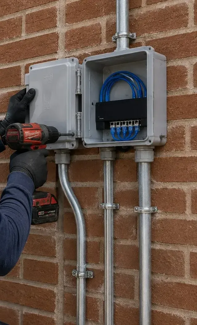 Weatherproof enclosure and steel conduits on a brick wall, New Springville, Staten Island exterior entry Technician drilling beside a grey weatherproof enclosure fed by steel conduits on a brick wall, exterior entry hardware for a New Springville, Staten Island fiber crossing