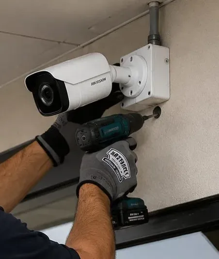 Bullet camera mounted on a conduit-fed junction box, New Springville, Staten Island camera work Bullet camera on a junction-box bracket fed by conduit while a drill fastens the mount, lot camera work that rides on New Springville, Staten Island fiber