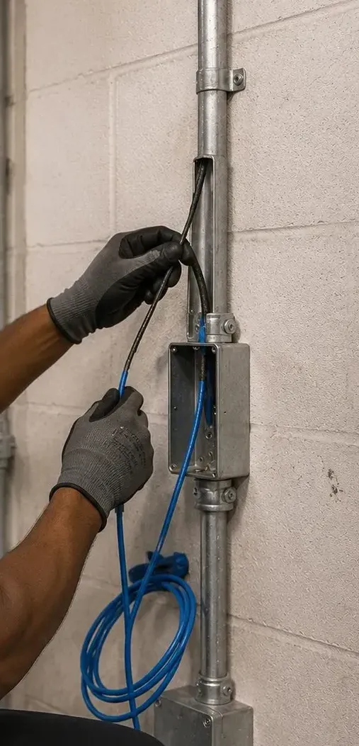Cable fed through an EMT pull box on a block wall, New Springville, Staten Island conduit pathway Gloved hands feeding blue cable through a metal pull box on EMT conduit fixed to a block wall, conduit pathway work behind New Springville, Staten Island fiber runs