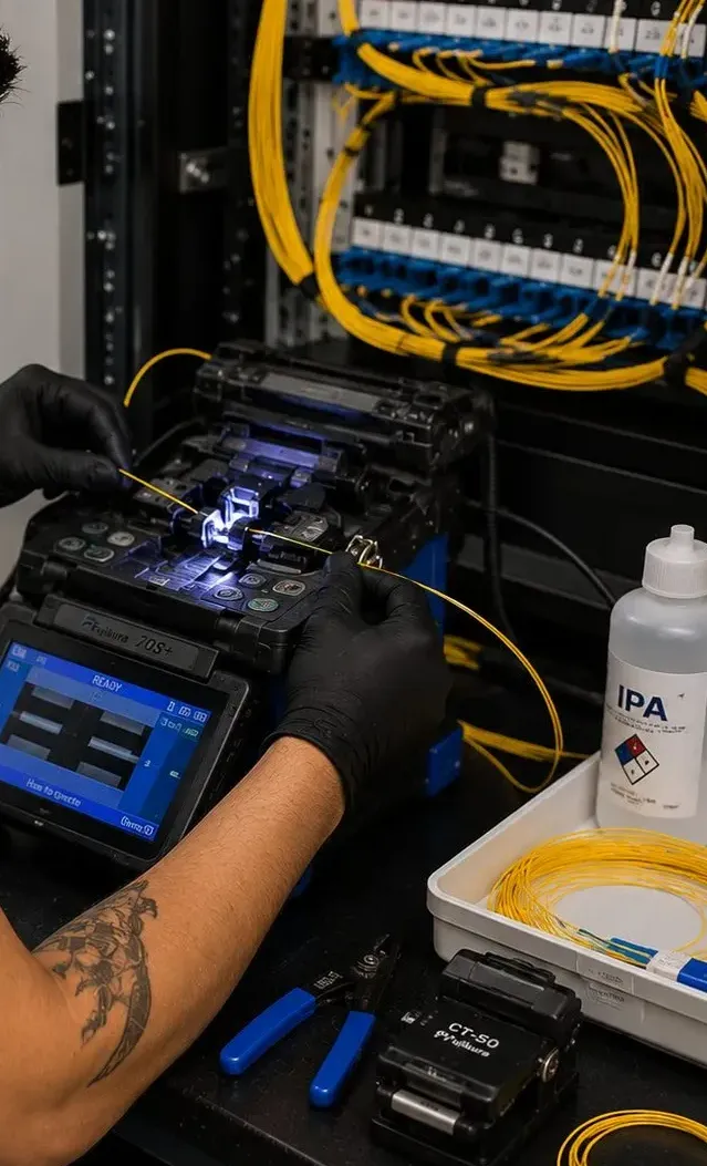 Fusion splicer on a bench below blue SC adapter panels, New Springville, Staten Island fiber splicing Gloved hands loading fiber into a fusion splicer on a bench below a rack of blue SC adapter panels, the splicing step of fiber optic installation in New Springville, Staten Island