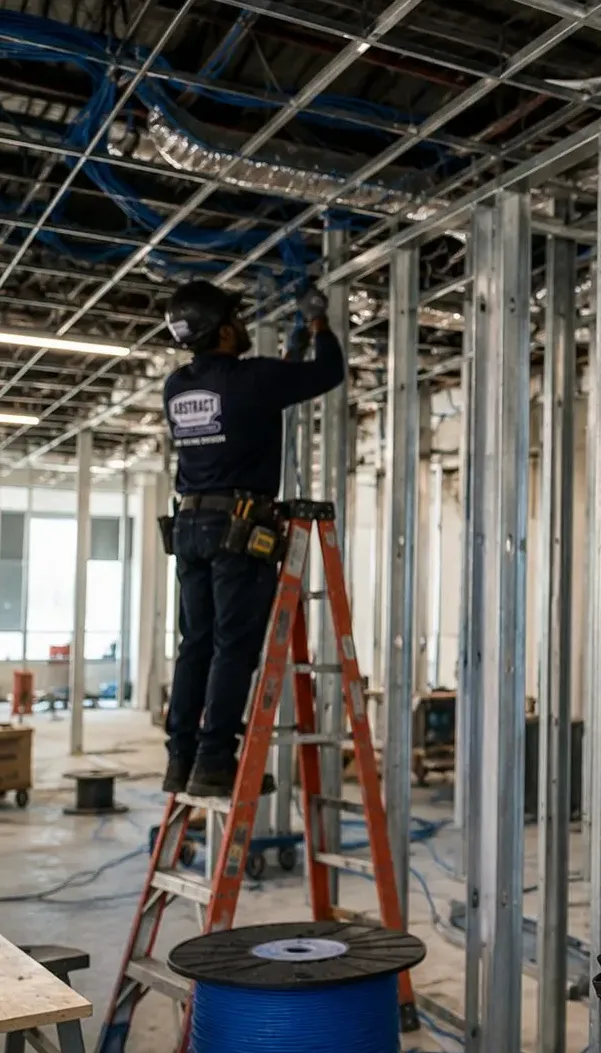 Stepladder cable pull above metal studs during a fit-out, New Springville, Staten Island suite cabling Technician on a stepladder pulling blue cable through an open ceiling above metal studs, with a cable spool on the floor, fit-out pull for New Springville, Staten Island suites