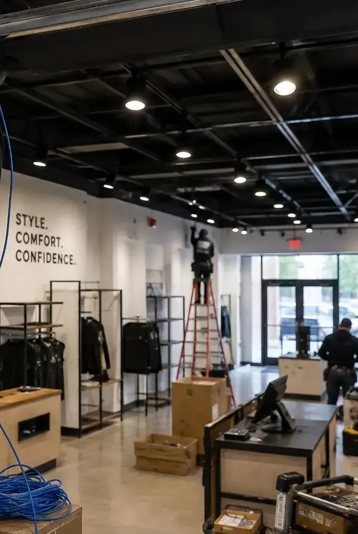 Open-ceiling retail unit with cable dropped during a fit-out, New Springville, Staten Island store cabling Technician on a ladder at the back of an open-ceiling retail unit while blue cable hangs from the ceiling to a coil in the foreground, retail fit-out cabling of the kind New Springville, Staten Island stores need