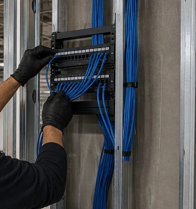 Wall-mounted patch panel between metal studs, New Springville, Staten Island back-room termination Gloved hands dressing blue cable bundles into a wall-mounted patch panel between metal studs, back-room termination for New Springville, Staten Island units