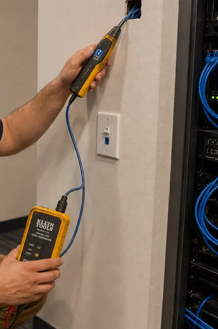Tone probe at a wall jack beside a rack, New Springville, Staten Island cable tracing Hand holding a tone probe to a wall jack while the matching tracer is held below beside a rack, cable tracing during New Springville, Staten Island fault-finding