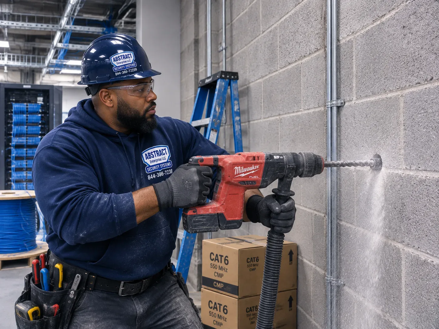 Dust-extracted drilling through block — New York City fiber pathway Technician in a hard hat drilling a block wall with dust extraction for a cable penetration in NYC