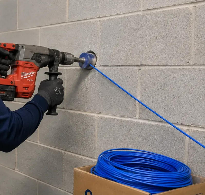 Rotary hammer drilling a block wall with a cable line leading away during fiber optic installation in Parkchester, Bronx