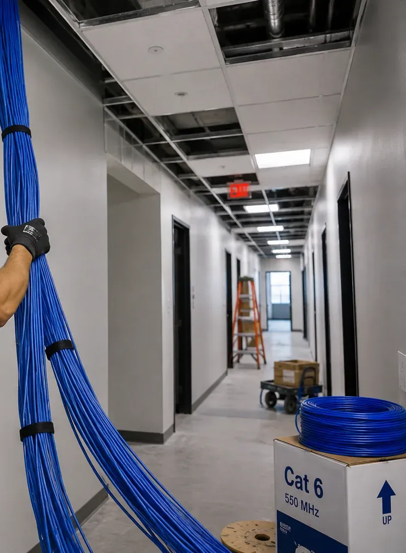 Large bundle of blue cable carried down an office corridor during cabling work in Parkchester, Bronx