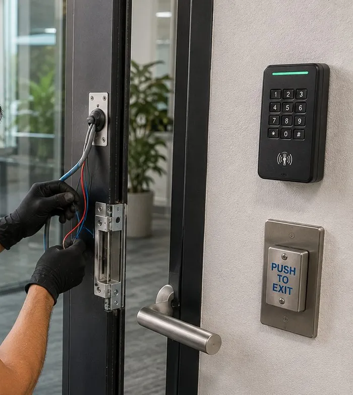 Electric strike wiring at a glass door with keypad and exit button during low-voltage work in Parkchester, Bronx
