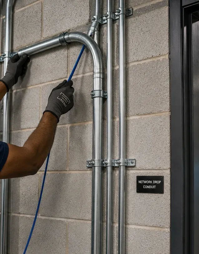 Cable fed into an EMT conduit sweep on a block wall during fiber optic installation work in Parkchester, Bronx