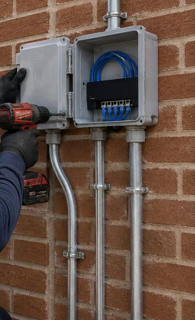 Outdoor enclosure being fixed to a brick wall with conduit below during fiber optic installation in Parkchester, Bronx