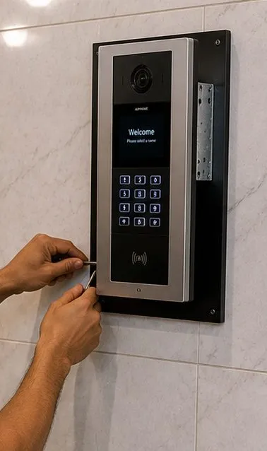 Video intercom panel being wired on a marble lobby wall during building network work in Parkchester, Bronx