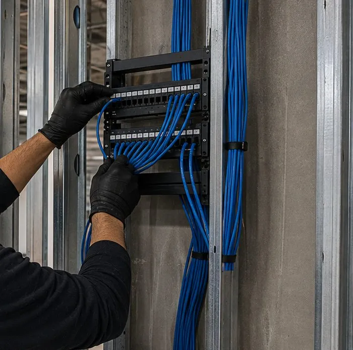 Patch panel being terminated on a metal-stud wall with cable bundles during network work in Parkchester, Bronx