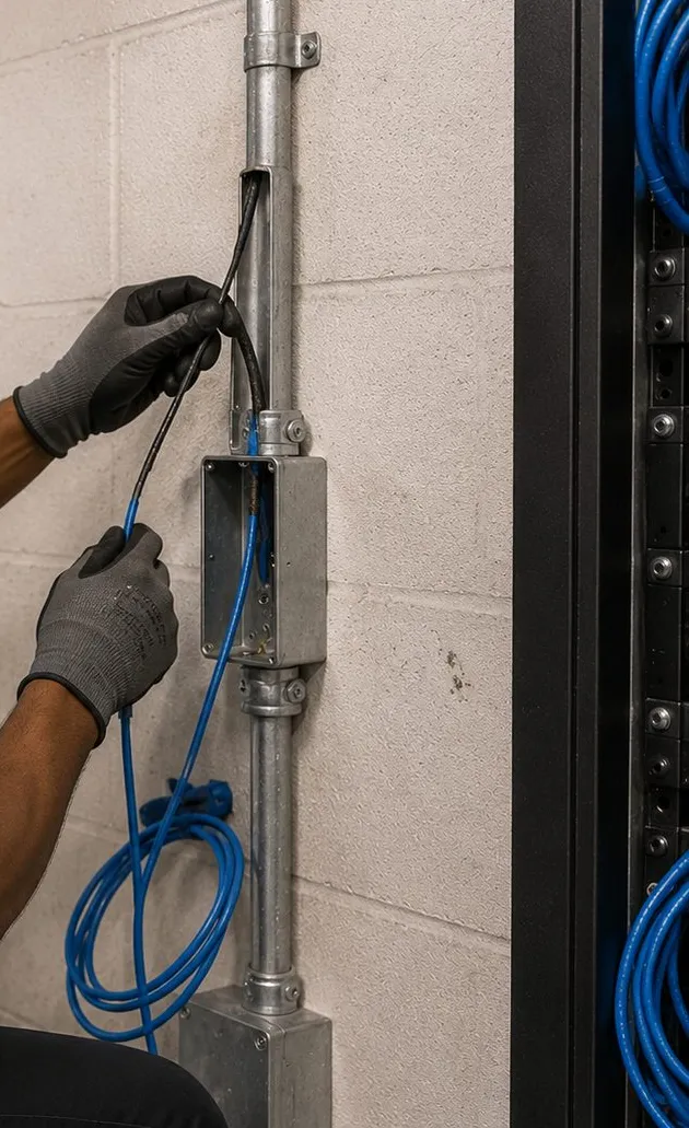 Cable fed out of a steel pull box on a conduit riser during a pilot building survey in Parkchester, Bronx