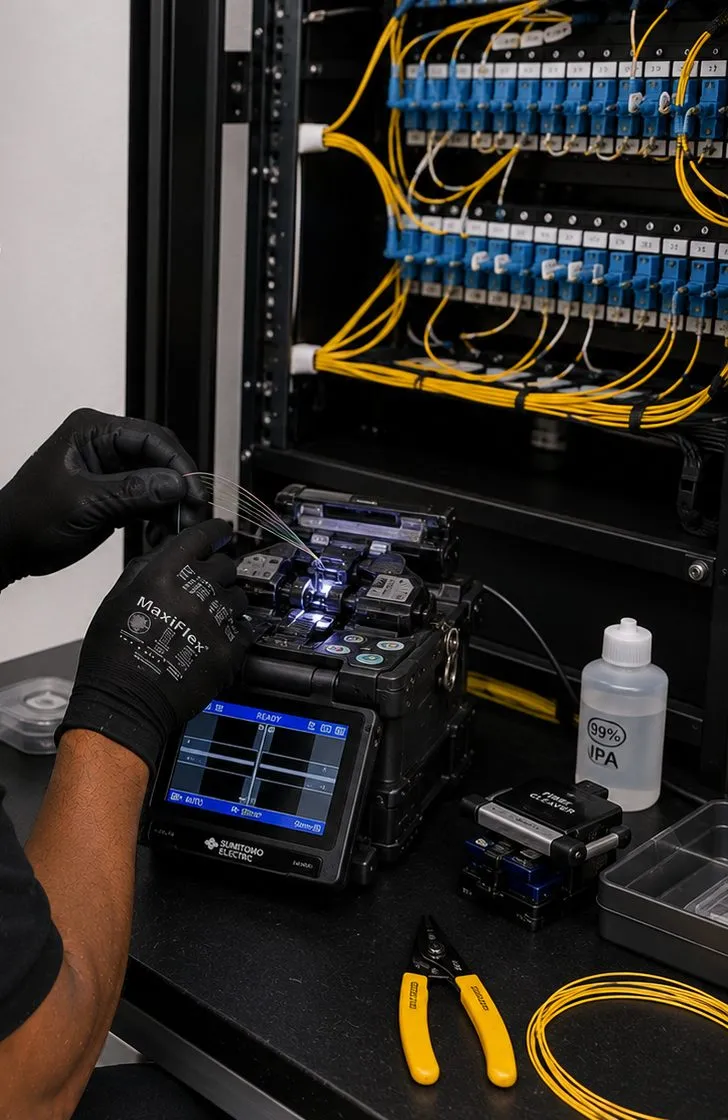 Fusion splicer at work under a rack of blue fiber adapters for a Parkchester, Bronx fiber optic installation