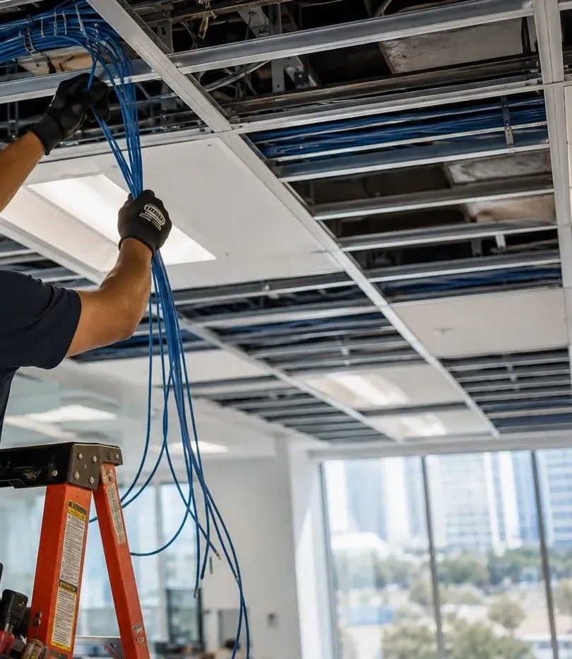 Feeding a bundle through an open ceiling grid — Port Morris, Bronx Gloved hands feeding a bundle of blue cable up through an open ceiling grid on a fit-out floor, Port Morris, Bronx cabling