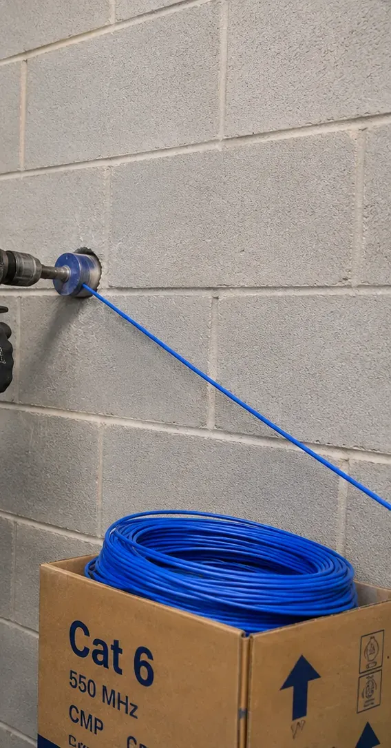 Core bit in a block wall — Port Morris, Bronx penetration Core bit drilling into a grey block wall with a blue cable already passing through the hole, Port Morris, Bronx wall penetration