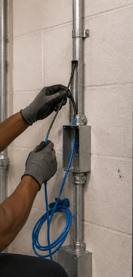 Drawing cable from an EMT pull box — Port Morris, Bronx pathway Gloved hands drawing cable out of a pull box on an EMT conduit run fixed to a painted block wall, Port Morris, Bronx pathway