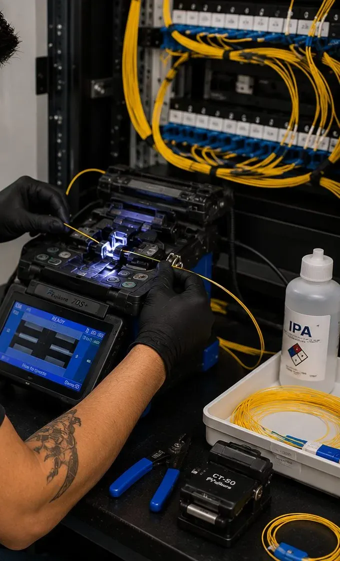 Fusion splicer at the fiber panel — Port Morris, Bronx fiber optic installation Fusion splicer with its screen lit beside a rack of blue SC fiber adapters and yellow jumpers, Port Morris, Bronx fiber optic installation