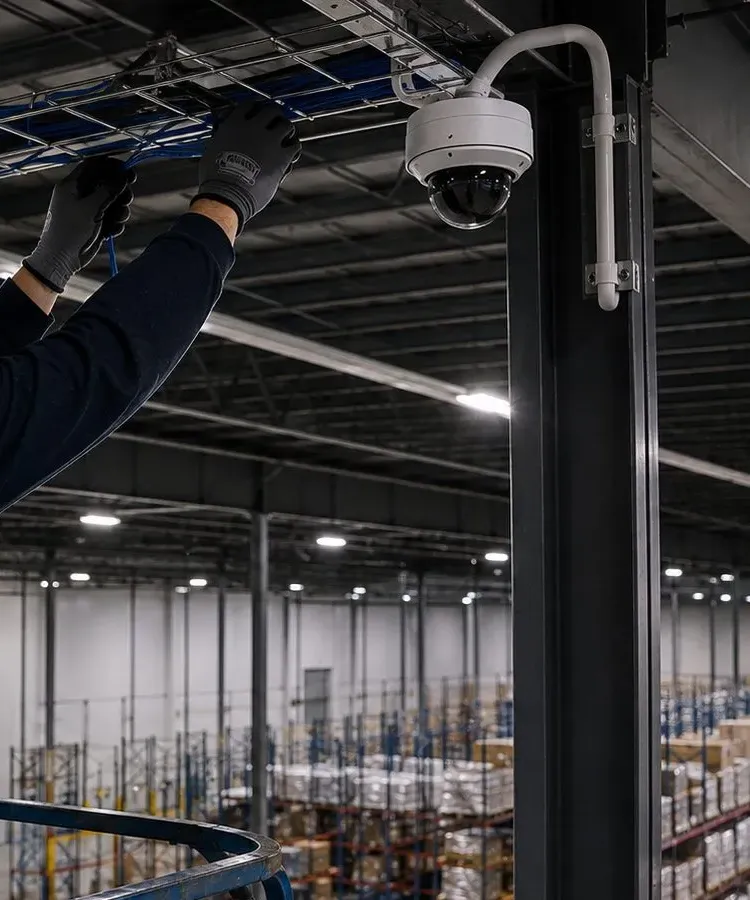 Basket tray and dome camera in a high-bay warehouse — Port Morris, Bronx Gloved hands laying cable in a wire basket tray beside a ceiling dome camera above warehouse racking, Port Morris, Bronx logistics cabling