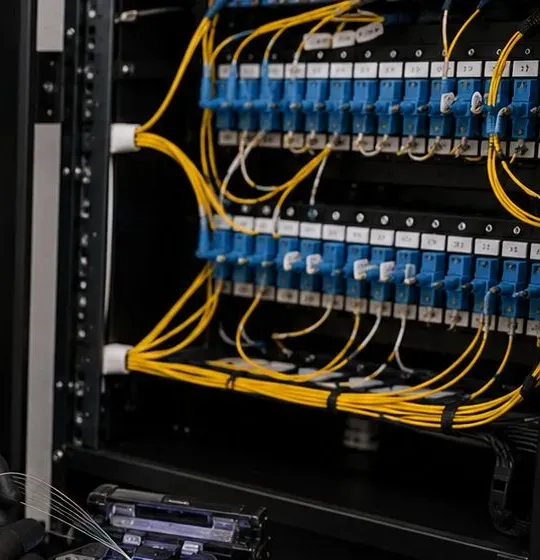 SC adapter panel with yellow jumpers — Port Morris, Bronx fiber patching Two rows of blue SC fiber adapters with yellow jumpers dressed along a rack, Port Morris, Bronx fiber termination