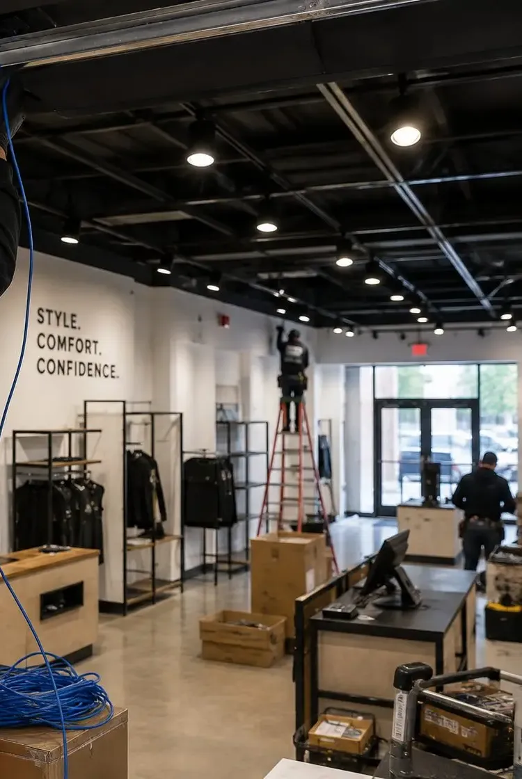 Cable drop in an open-ceiling shop — Port Morris, Bronx Blue cable dropping from a black exposed ceiling into a shop being fitted out, Port Morris, Bronx retail cabling